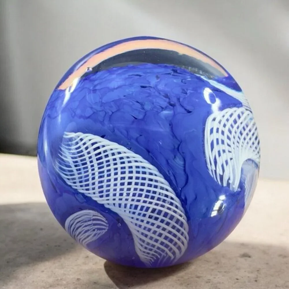 Murano Art Glass Paperweight Orb Cobalt Blue White Cane Venetian Italy Glass VTG
